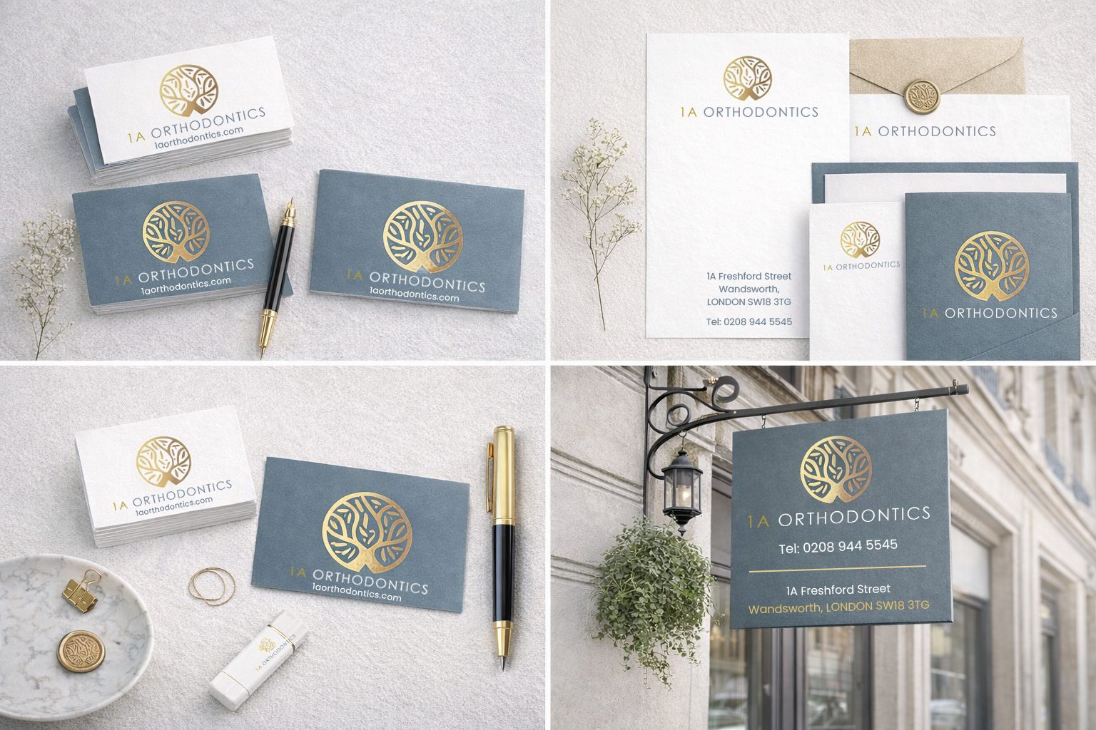 Business cards, letterhead detail and exterior practice signage