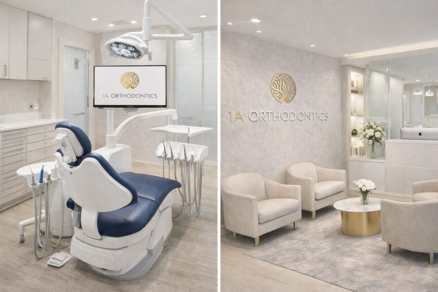 1A Orthodontics clinic interior — branded treatment screen and gold logo wall feature