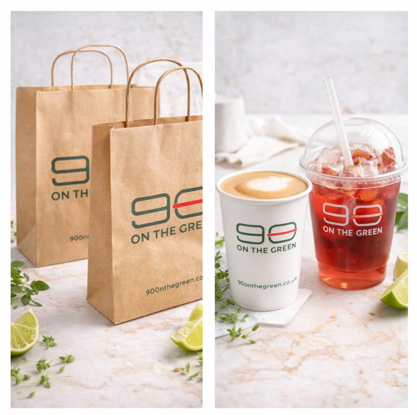 Kraft takeaway bags with the 90 On The Green logo printed in charcoal green next to a branded hot coffee cup and an iced berry drink in a domed cup with brand label