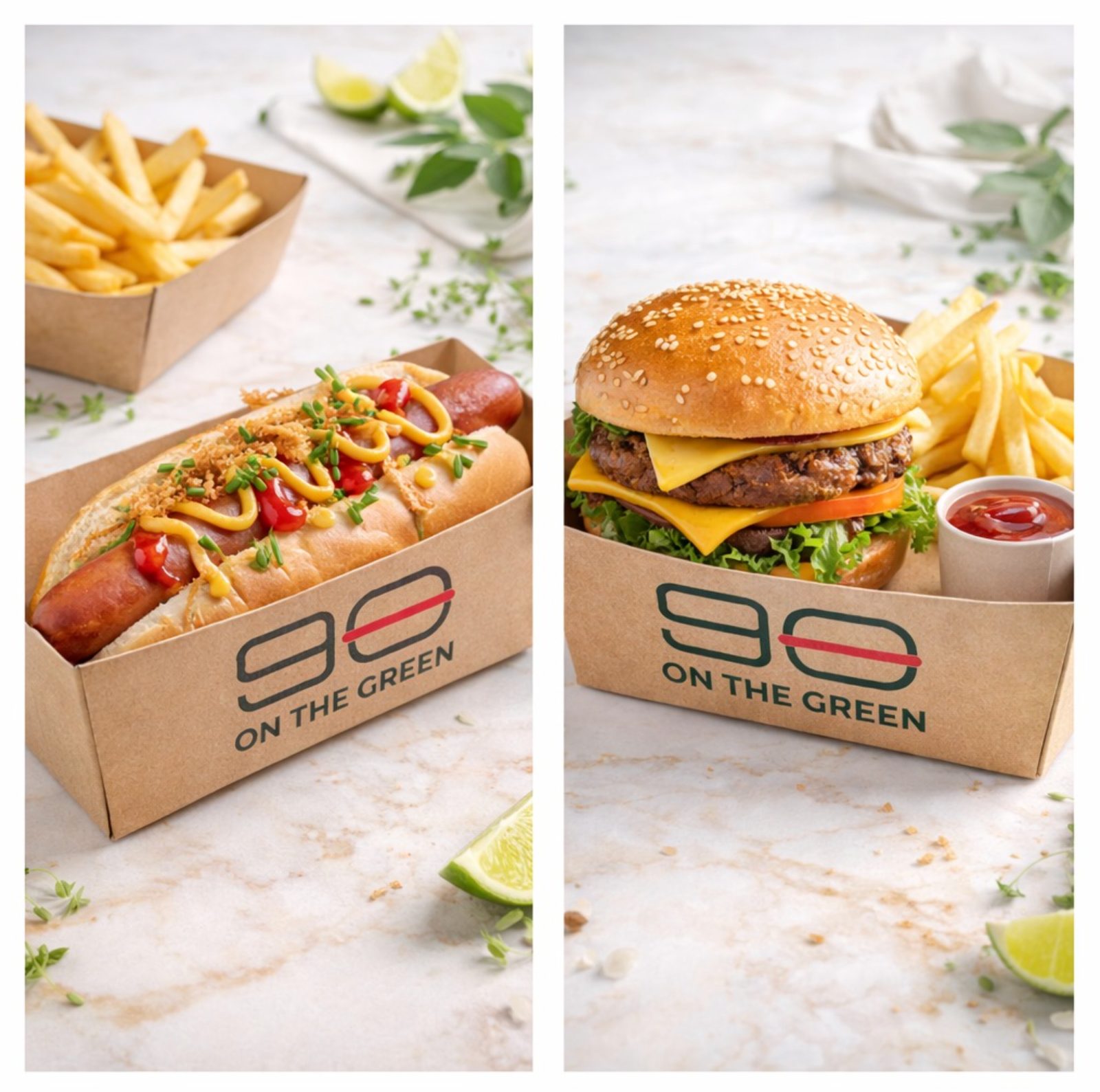 90 On The Green packaging hero — branded kraft hot-dog tray with loaded chilli dog on the left, branded kraft burger box with double cheeseburger and fries on the right
