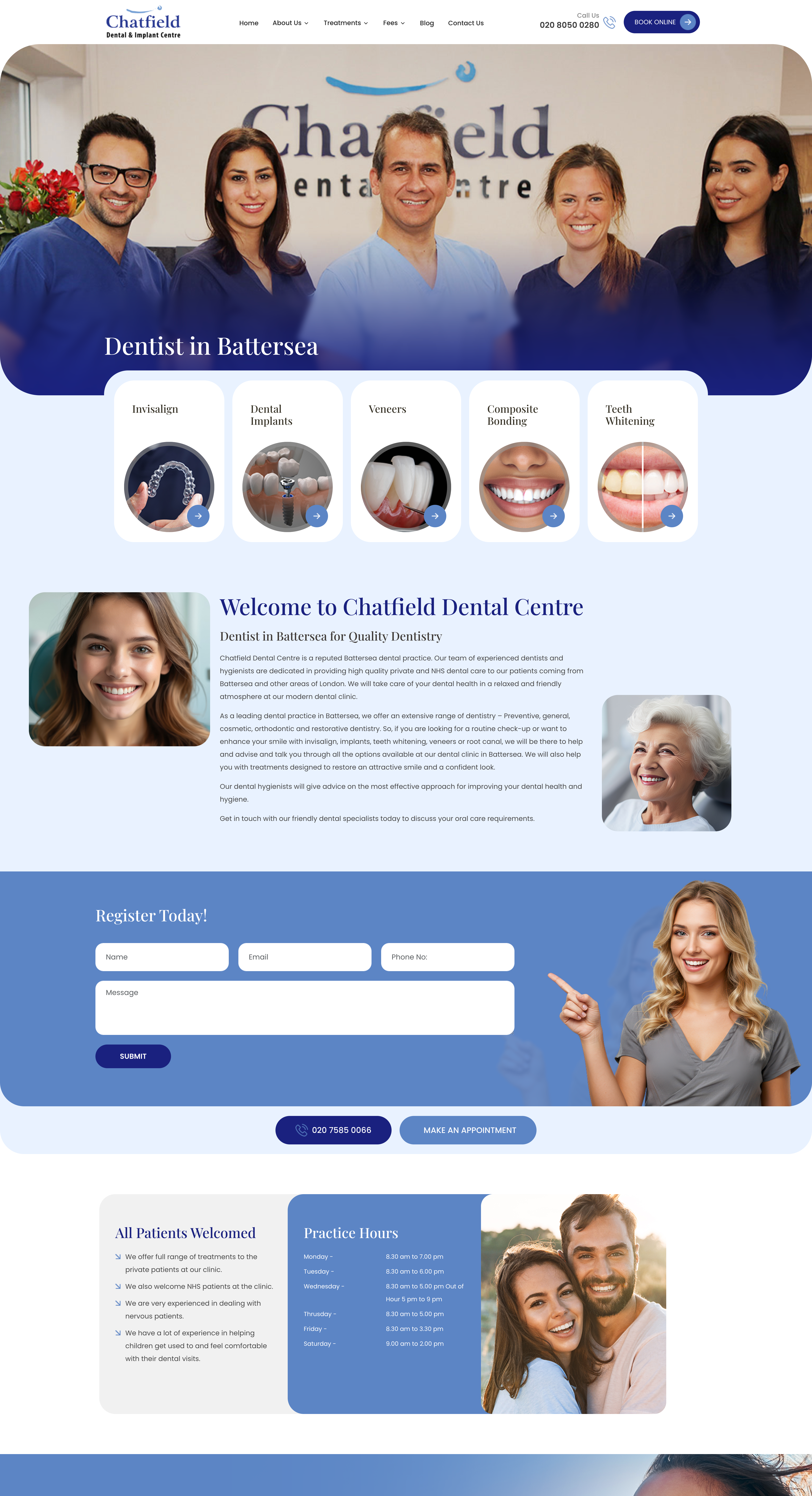 Chatfield Dental homepage — friendly team hero, blue rounded treatment cards, welcome section, Register Today form and Practice Hours