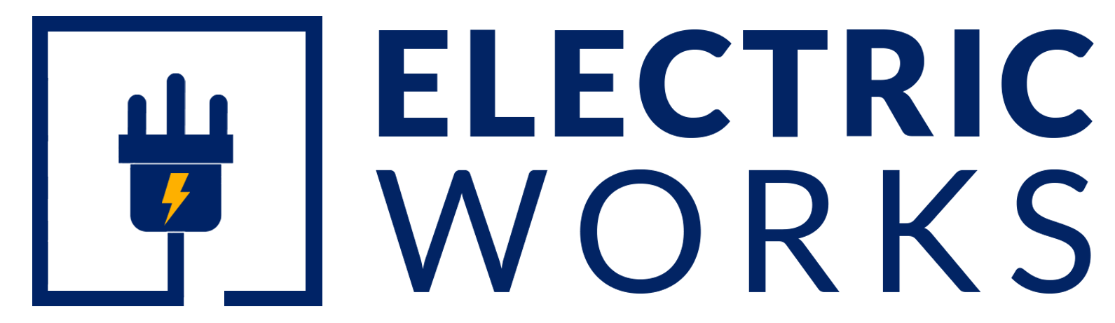 Electric Works London primary mark — navy outlined-square three-pin plug icon with yellow lightning bolt beside ELECTRIC WORKS in bold navy caps