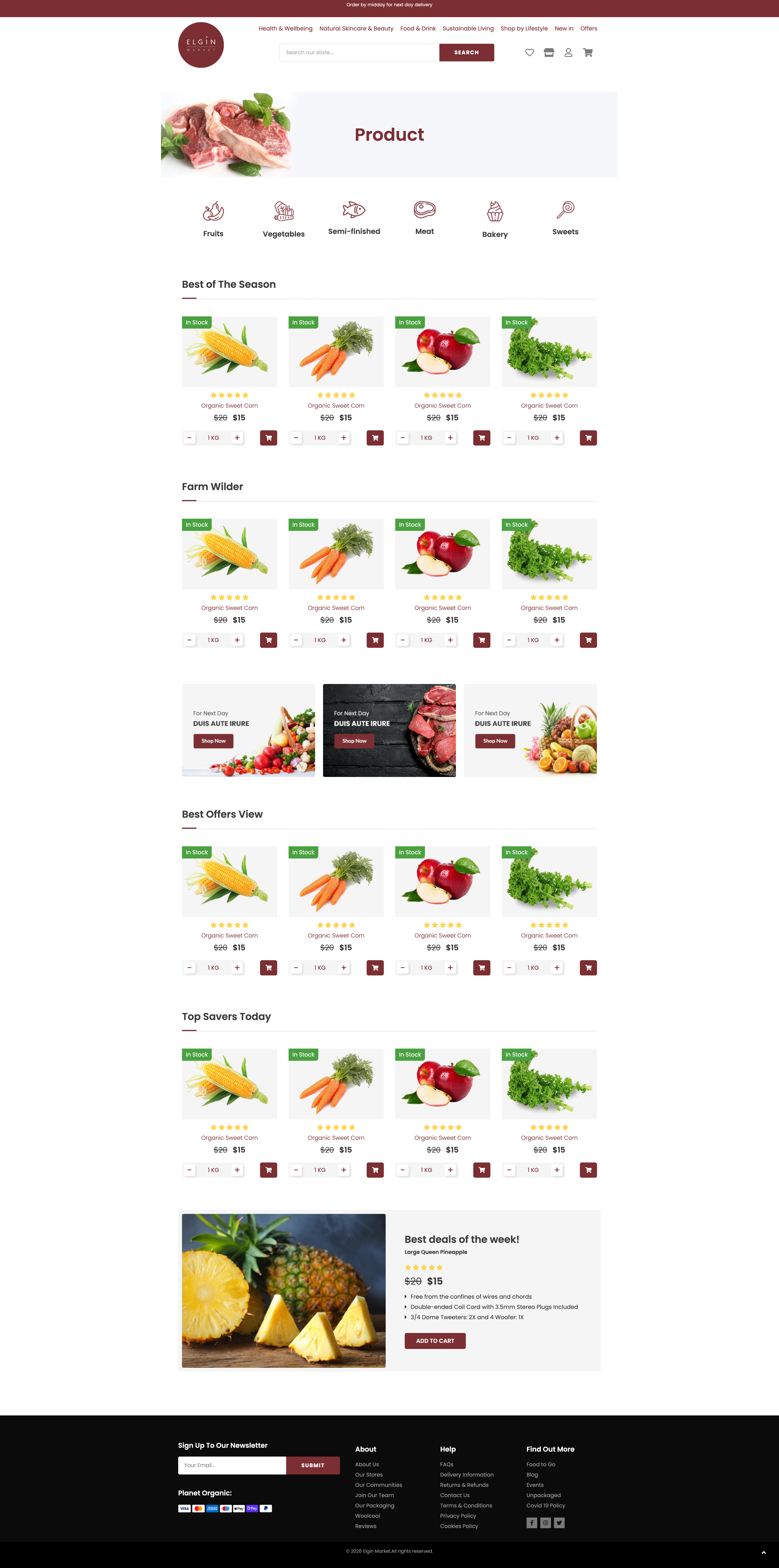 Elgin Market homepage — burgundy header, category icons, merchandised product rows with ratings, prices and quantity steppers