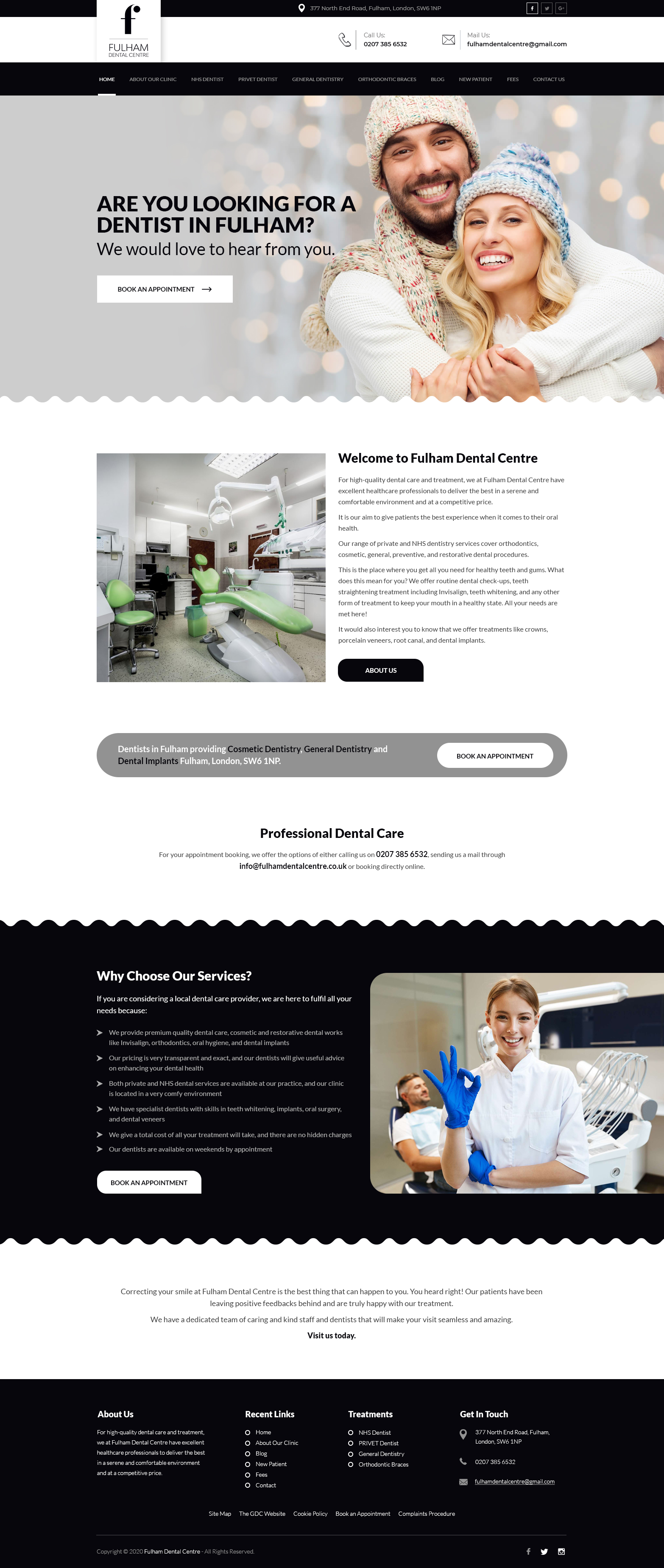 Fulham Dental Centre homepage — black-and-white, ARE YOU LOOKING FOR A DENTIST IN FULHAM hero with scalloped section edges, welcome copy, Why Choose Our Services and book-an-appointment CTAs