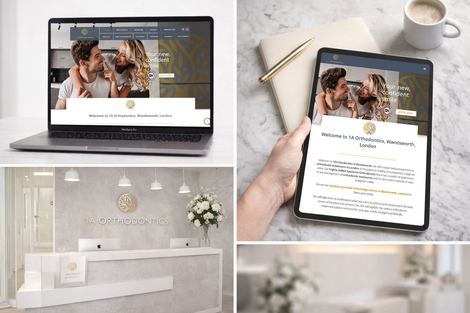 1A Orthodontics website shown on laptop and tablet alongside the reception desk