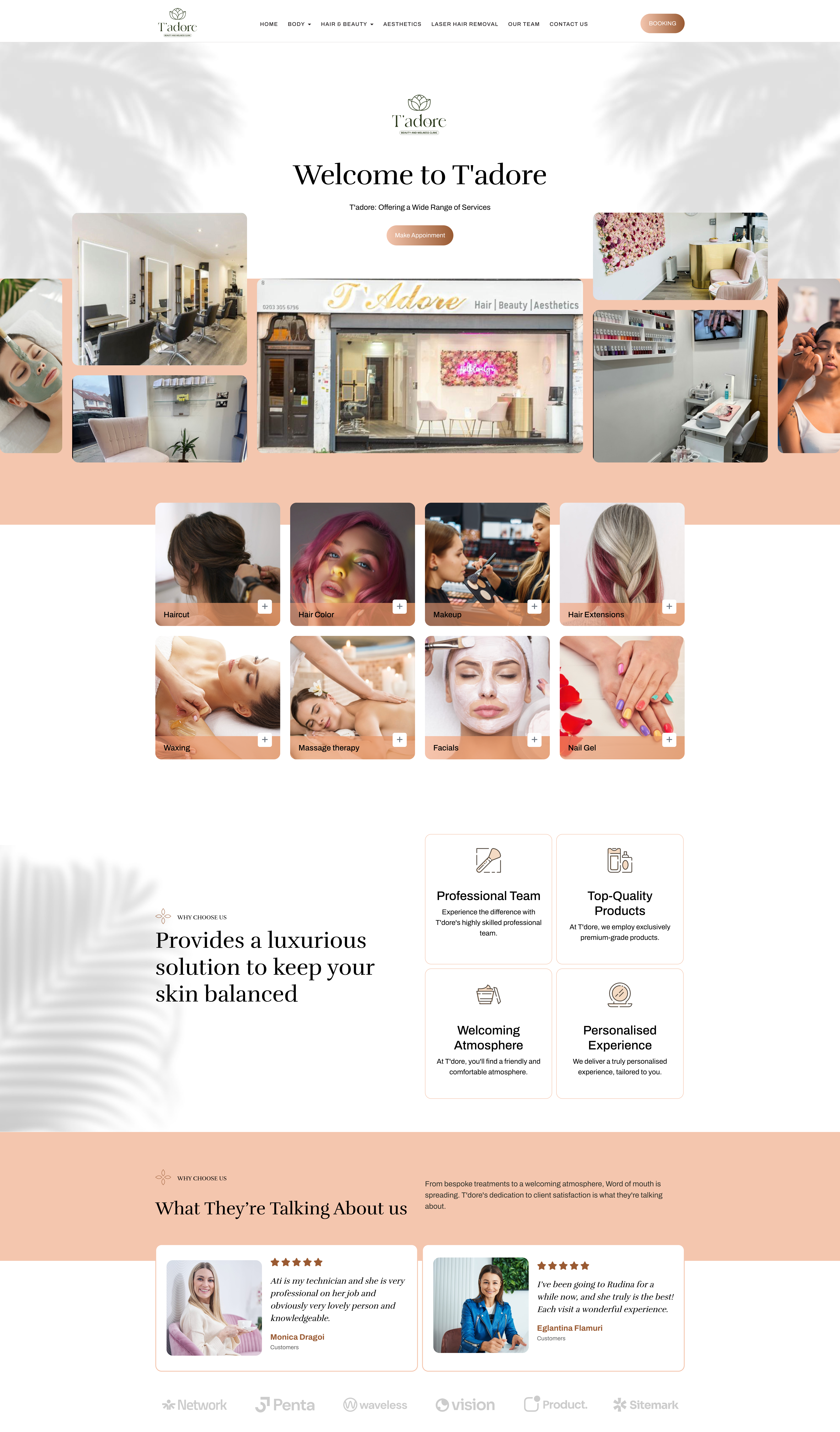 T'adore homepage — ivory with soft palm-shadow overlays, a centred Welcome to T'adore serif hero, a salon-and-clinic photography grid, peach service cards, a Why Choose Us section and testimonials