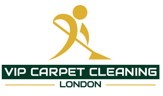 VIP Carpet Cleaning London primary logo — a dynamic gold figure of a cleaner pushing a wand above a deep-green bar reading VIP CARPET CLEANING in white futuristic Eurostile caps with LONDON in gold beneath