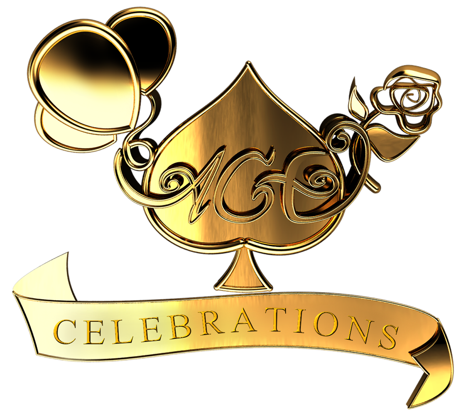 Ace Celebrations primary mark — gold ace-of-spades shield with ACE script monogram, top hat, rose and CELEBRATIONS ribbon