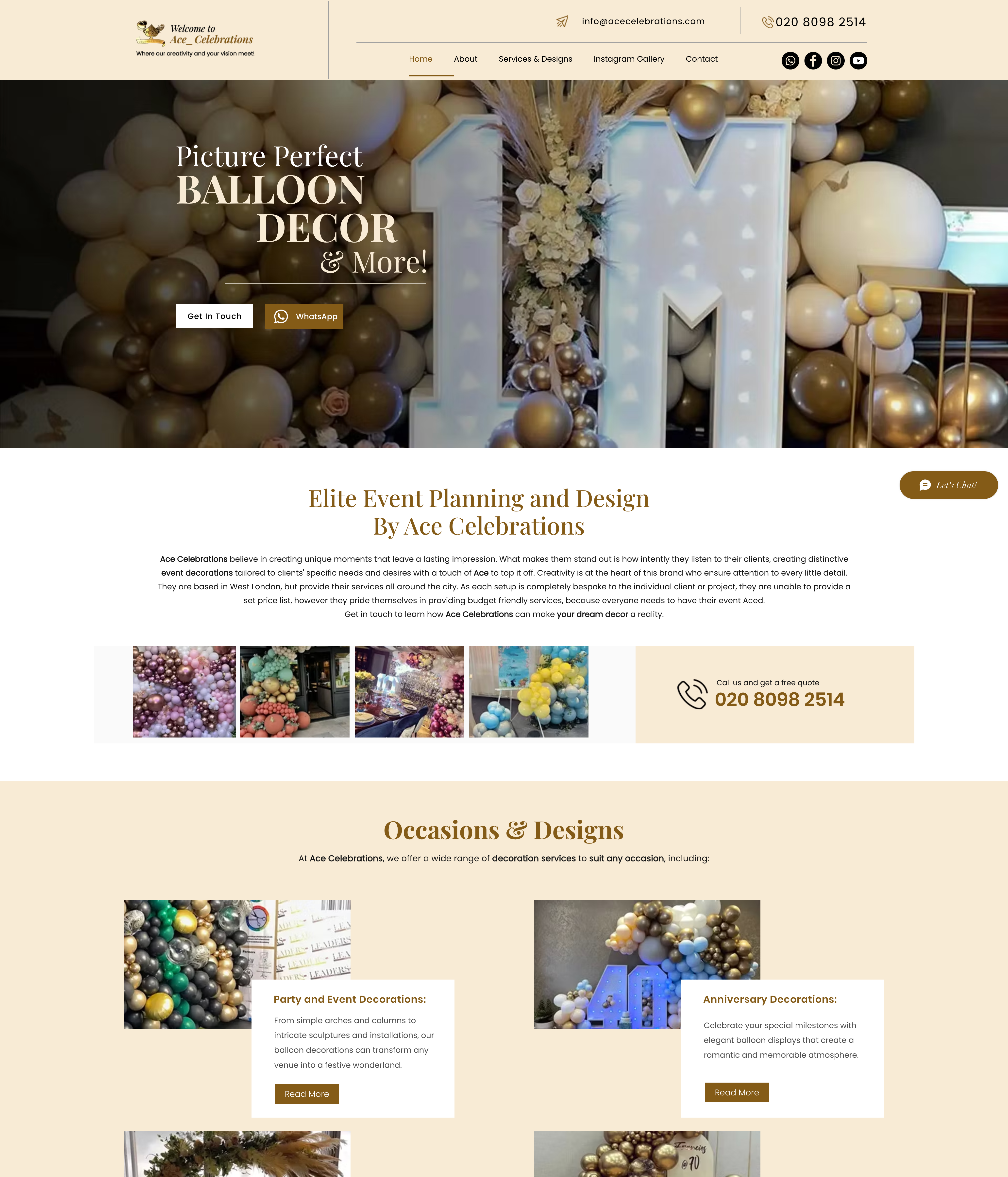 Ace Celebrations homepage — champagne-cream hero with 'Picture Perfect Balloon Decor', Get In Touch and WhatsApp buttons, free-quote panel and Occasions & Designs gallery