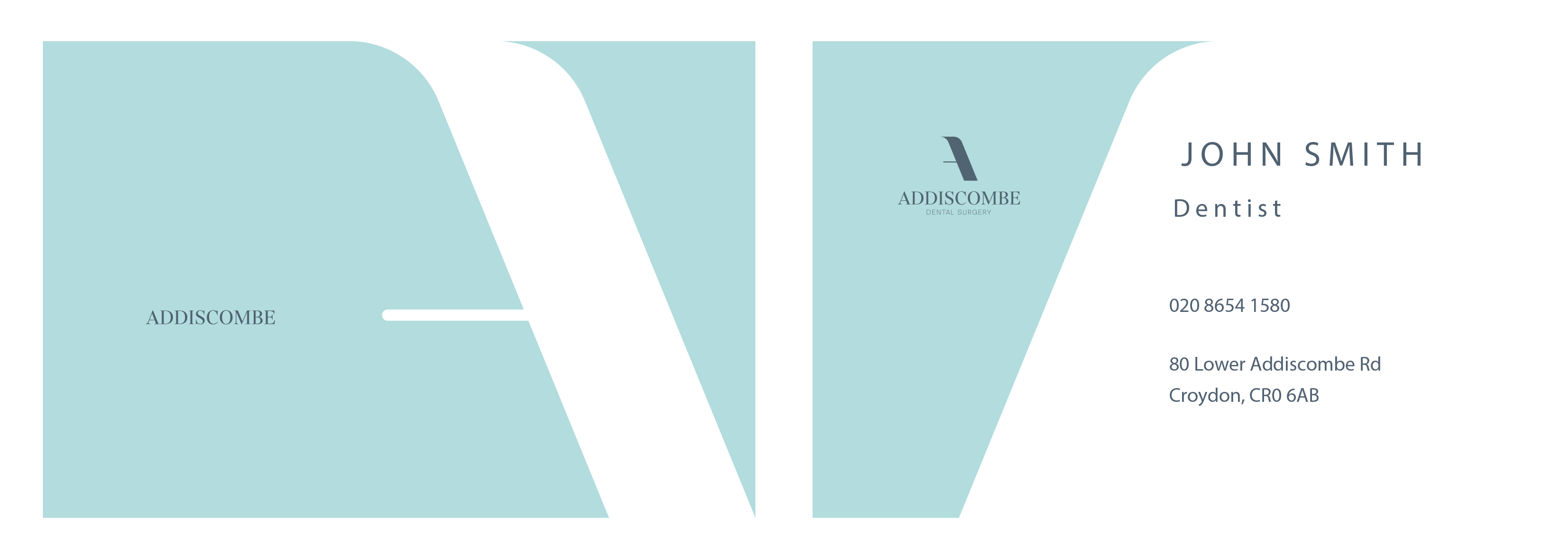 Addiscombe business card system in duck-egg blue — oversized 'A' cut-through treatment with 'John Smith / Dentist' details