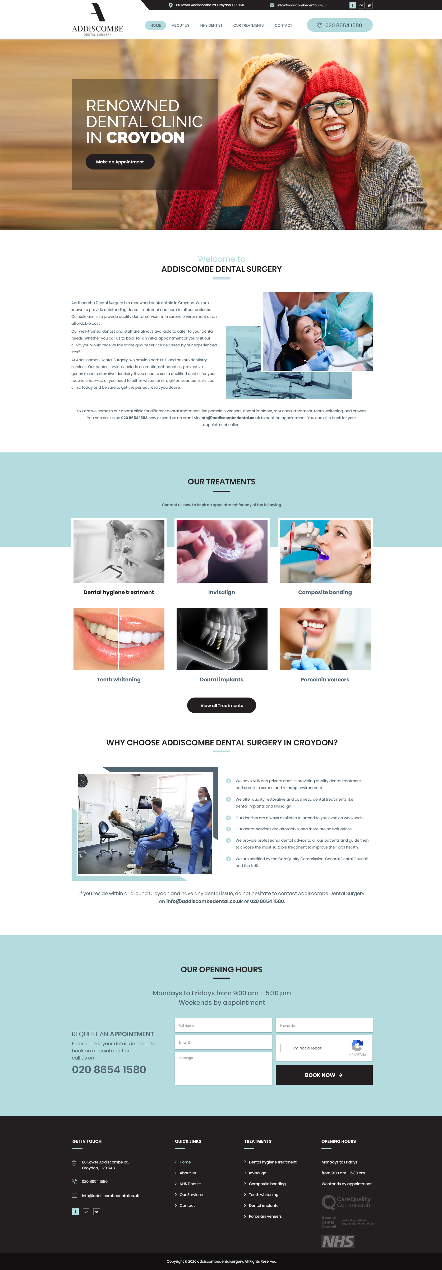 Addiscombe Dental Surgery website homepage — hero with 'Renowned Dental Clinic in Croydon', welcome panel, Our Treatments grid, why-choose-us list, opening hours and appointment request form