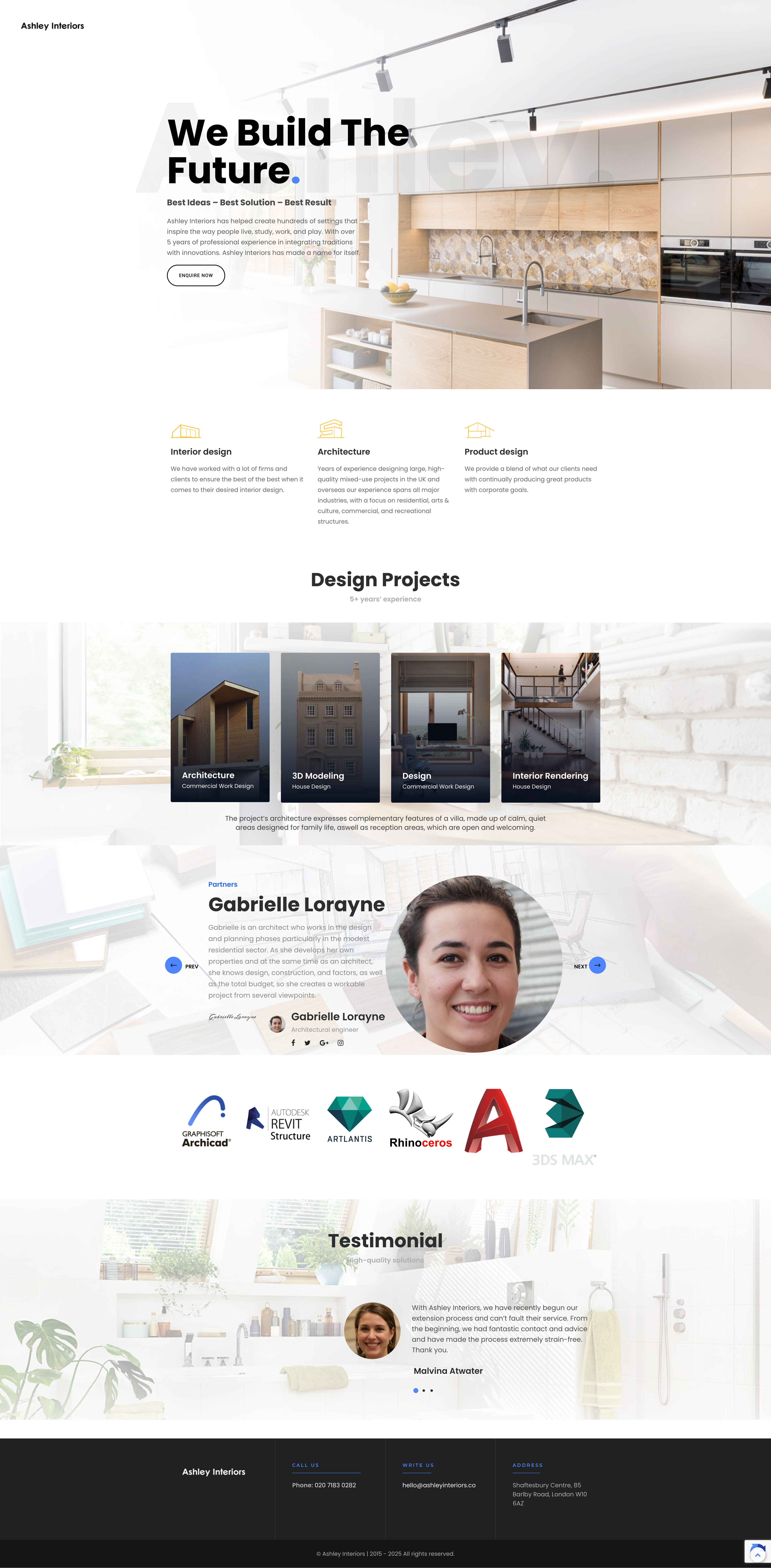 Ashley Interiors homepage — 'We Build The Future.' hero with kitchen render, interior/architecture/product columns, design projects gallery and partner profile