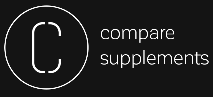 Compare Supplements primary mark — white circular 'C' monogram with capsule-shaped terminals beside the lowercase 'compare / supplements' wordmark, on black
