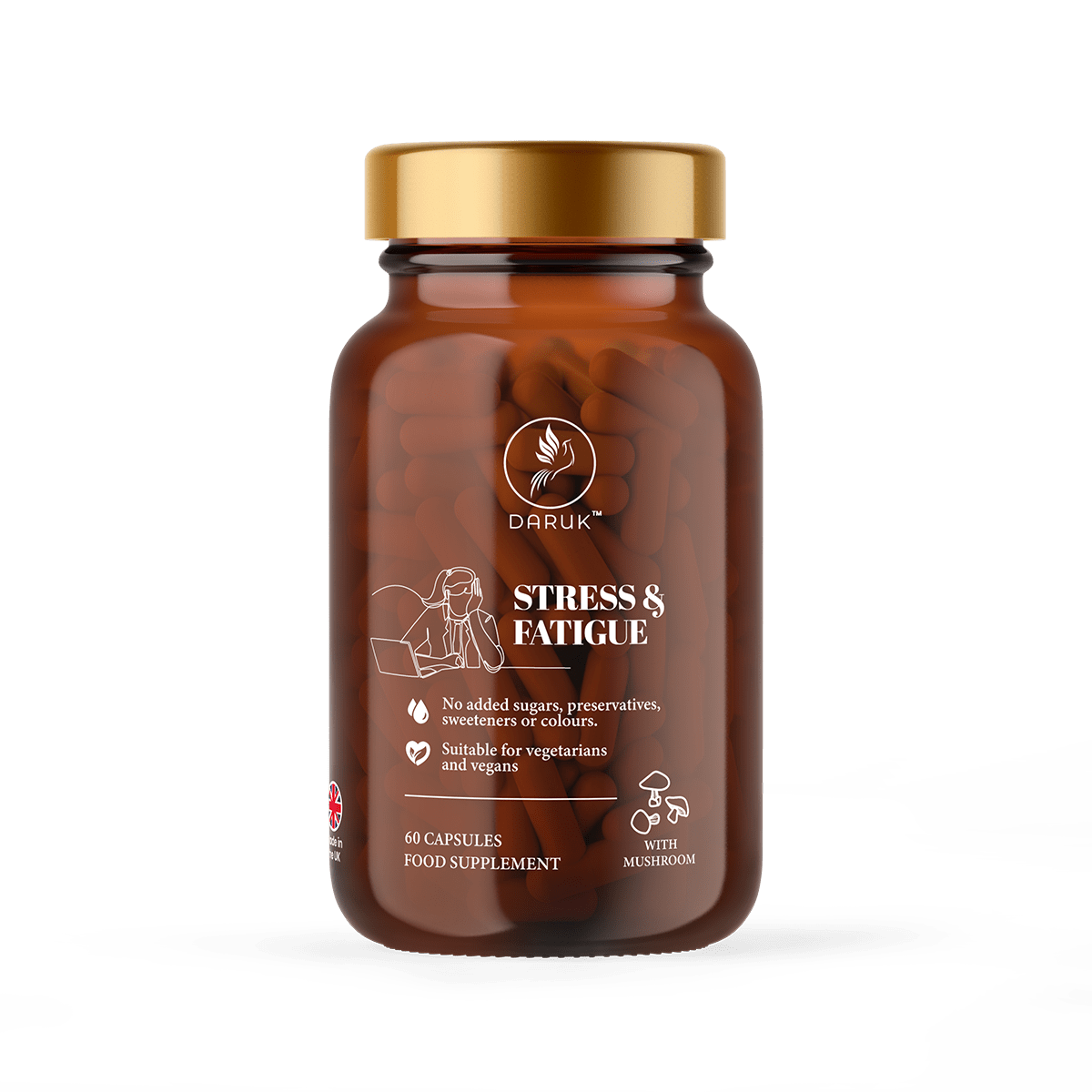 Daruk Stress & Fatigue — amber apothecary jar with gold lid, phoenix mark, serif product name, benefit ticks and 'With Mushroom' cue, on black