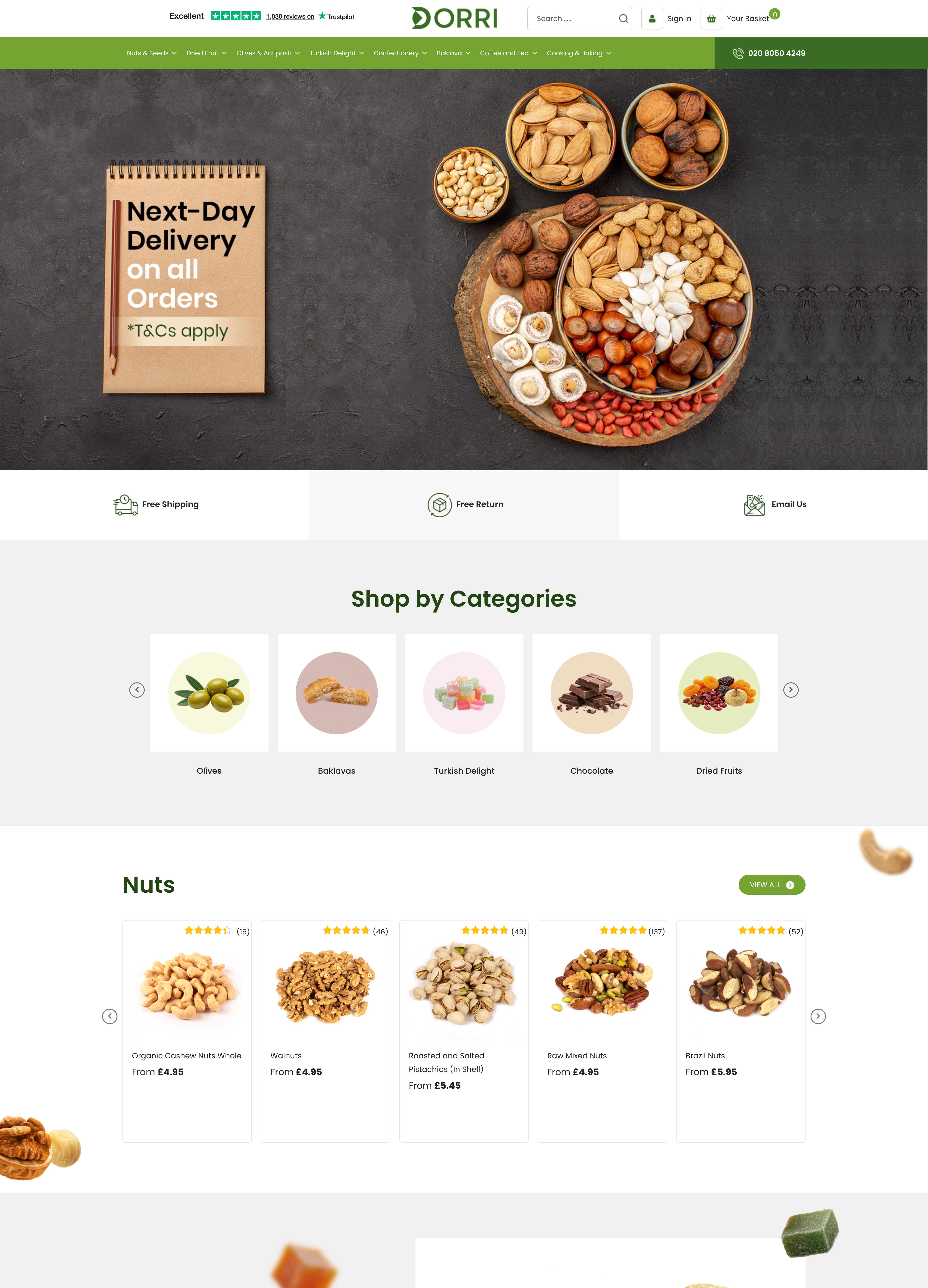 Dorri homepage — Trustpilot banner, green nav, 'Next-Day Delivery' hero, Shop by Categories carousel and Nuts product grid with ratings and prices