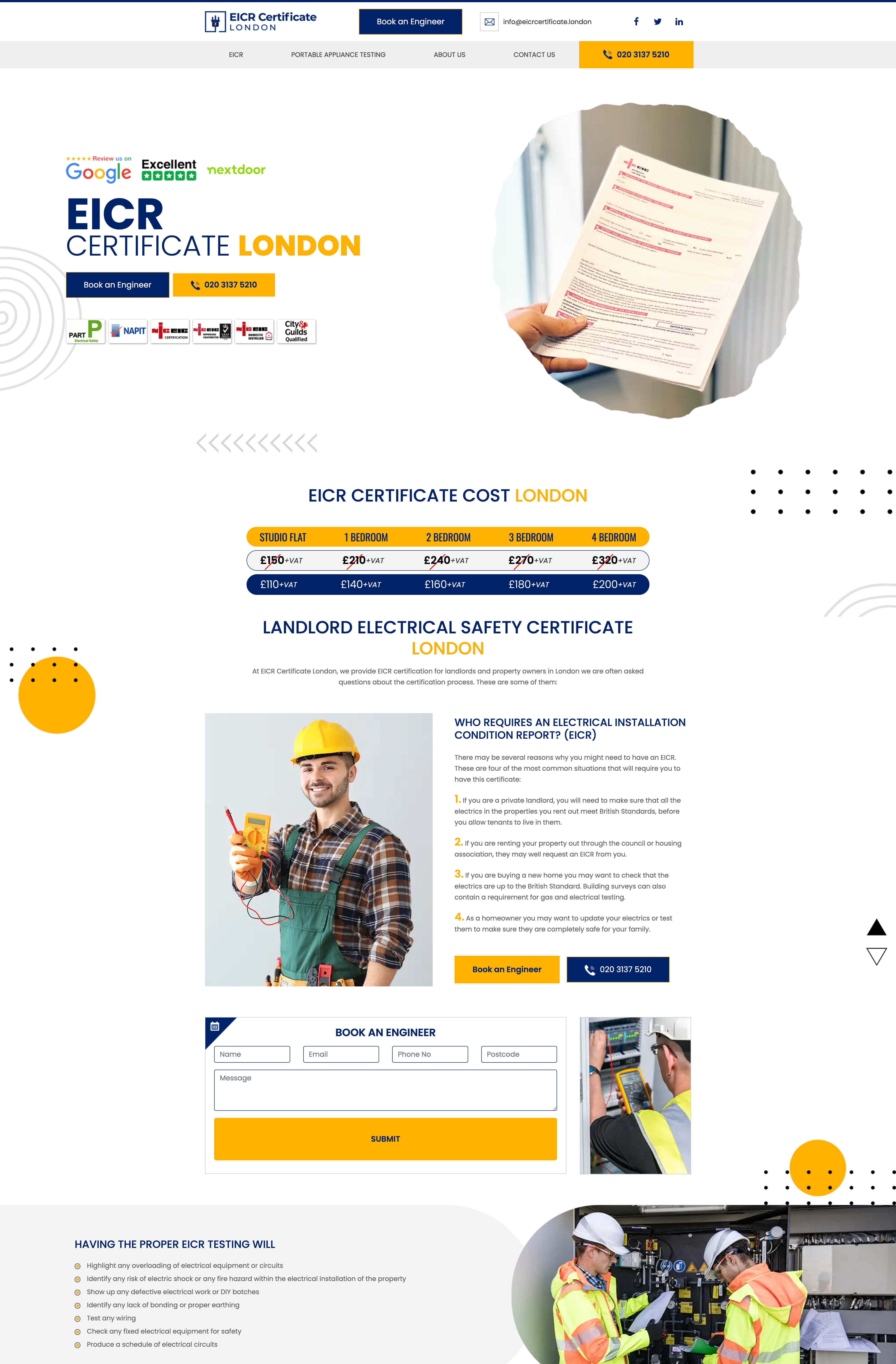 EICR Certificate London homepage — review badges, navy hero, accreditation logos (Part P, NAPIT, NICEIC, City & Guilds), transparent pricing table, Book an Engineer CTAs and lead form