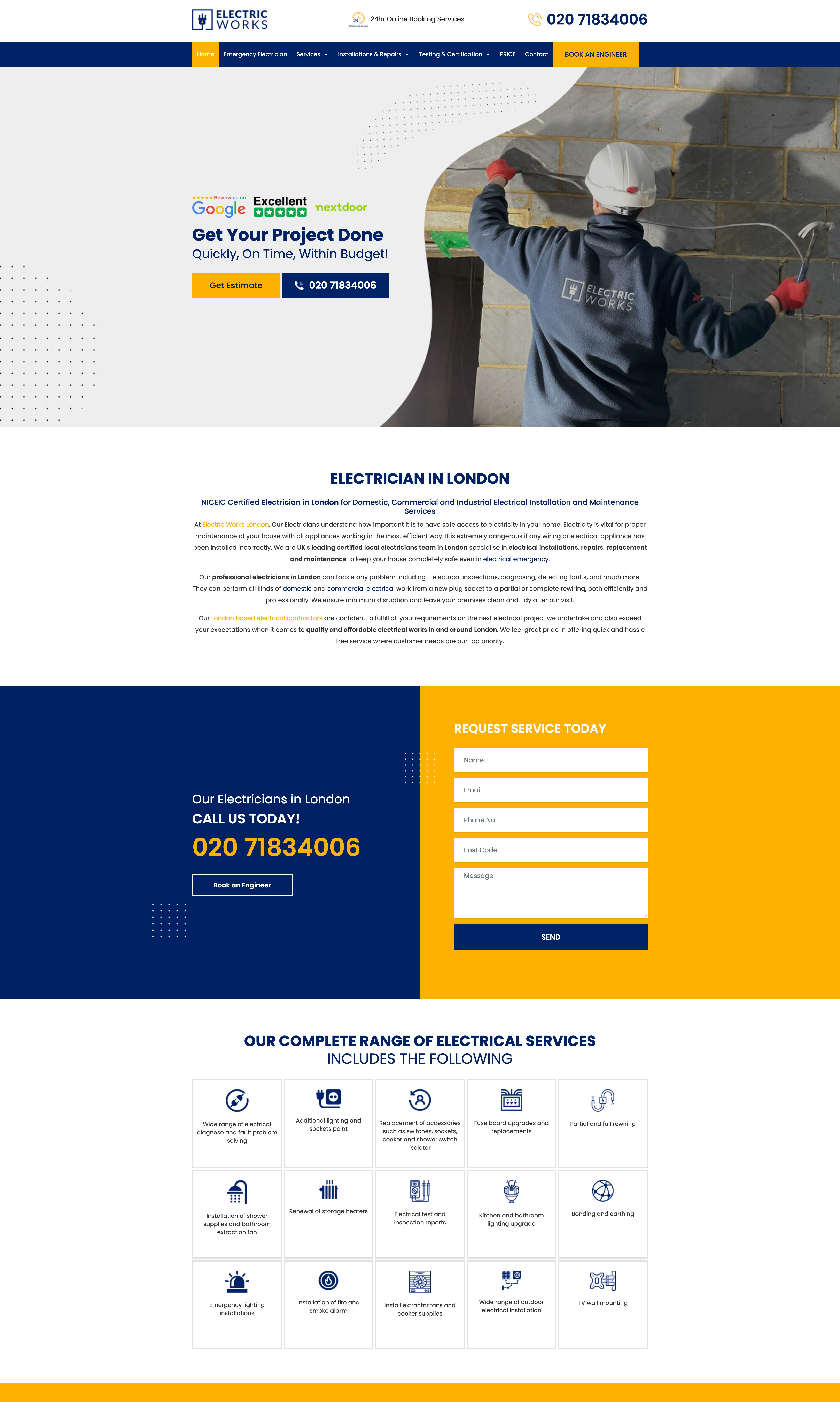 Electric Works London homepage — review badges, a branded-fleece tradesman hero, services intro, navy-and-yellow Request Service form, and a 15-icon electrical services grid