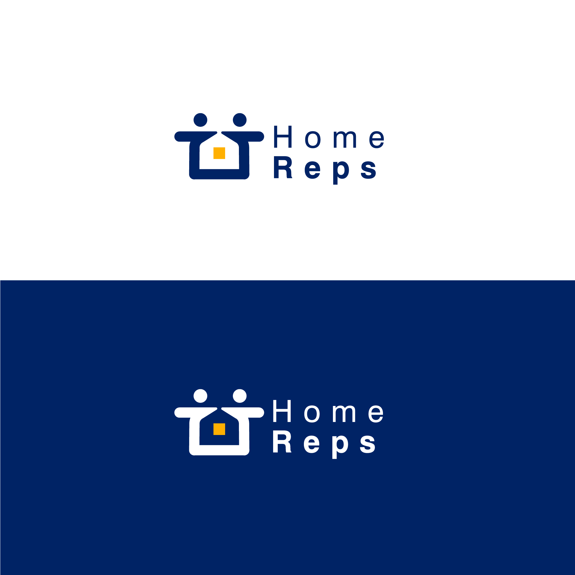 Home Reps brand sheet — the logo shown navy-on-white above the white-on-navy reversed lockup