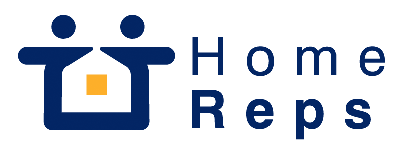 Home Reps primary mark — a navy two-people-forming-a-house icon with a yellow window square, beside Home / Reps stacked in bold navy