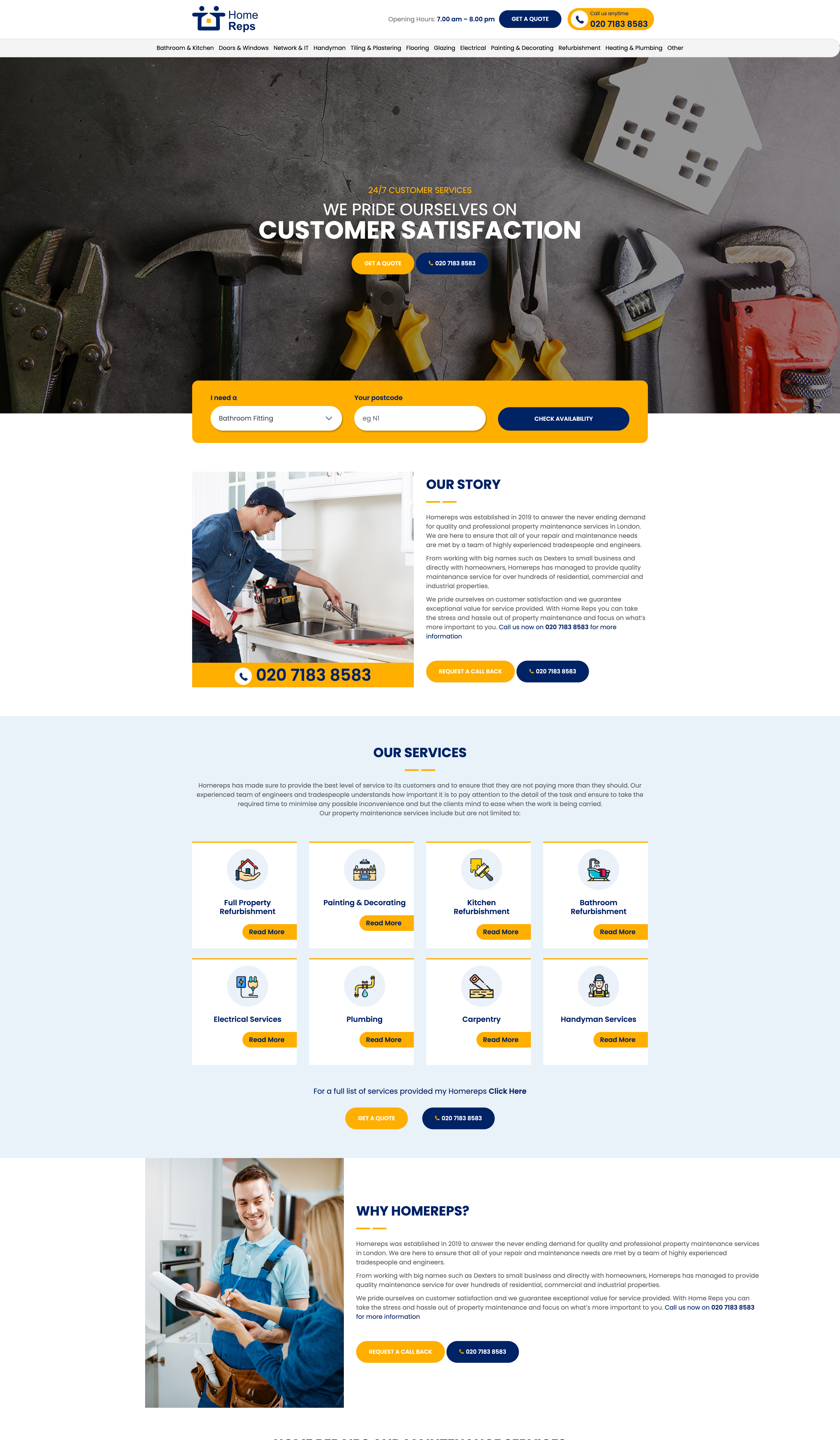 Home Reps homepage — tools flat-lay Customer Satisfaction hero, postcode availability checker, Our Story, an 8-card service grid and certified-and-insured trust messaging