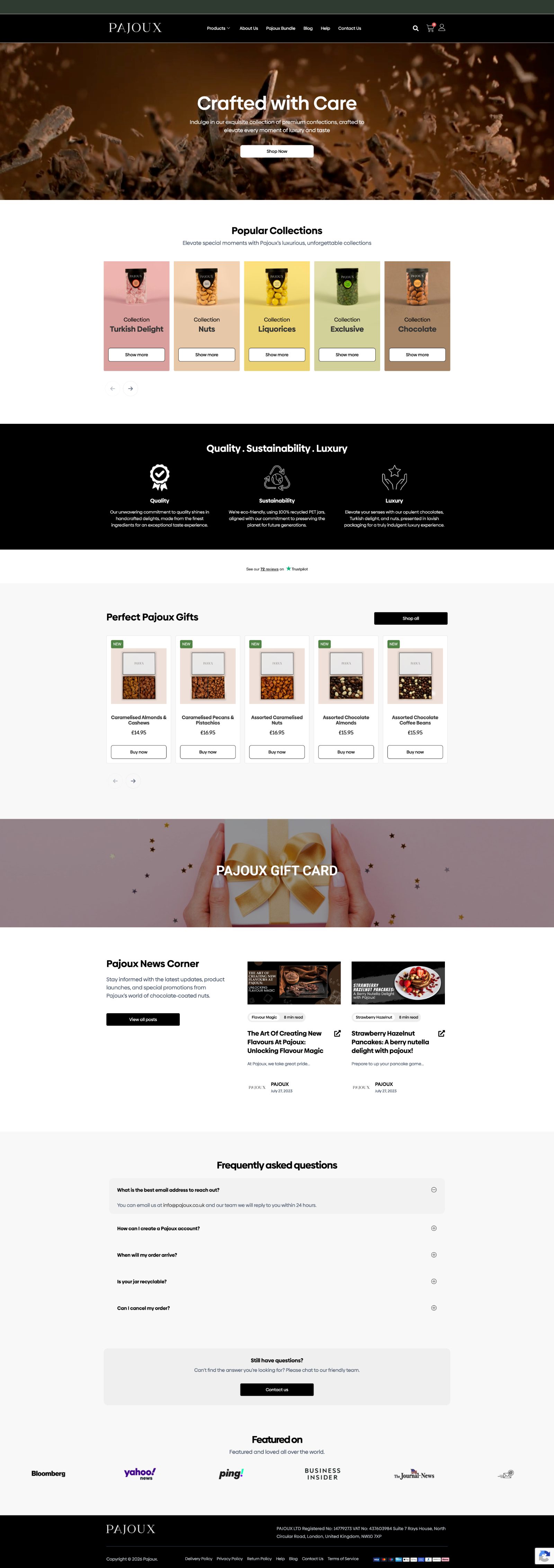 Pajoux Shopify homepage — Crafted with Care hero, Popular Collections carousel, Quality / Sustainability / Luxury panel, Perfect Gifts grid, gift card banner, News Corner and FAQs