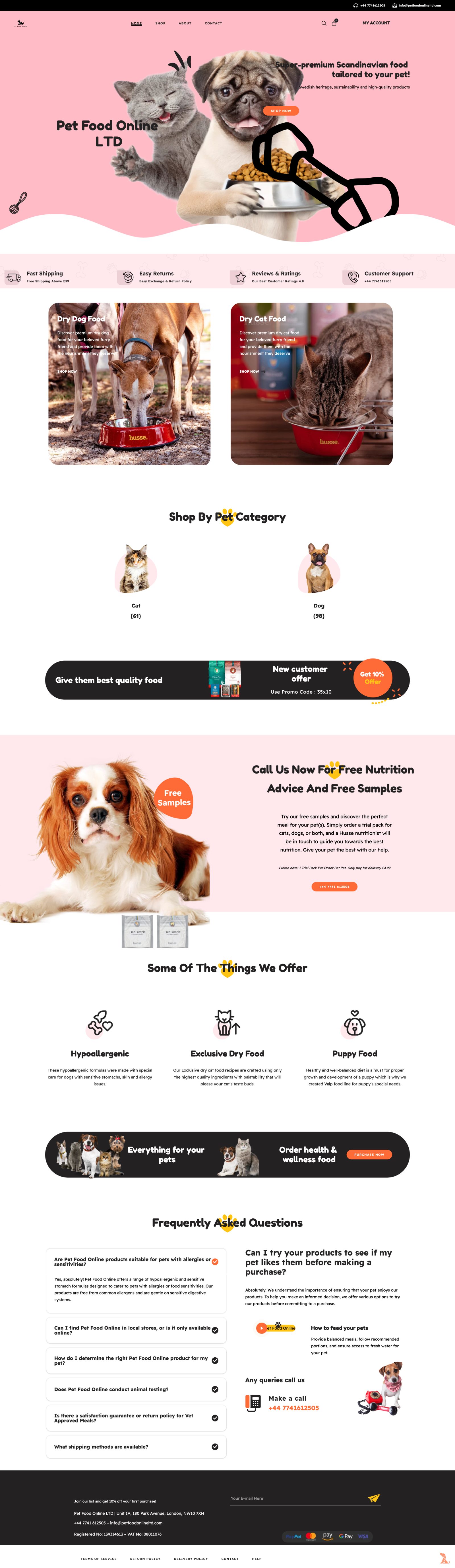 Pet Food Online LTD Shopify homepage — coral hero, product categories, free-sample call-out and FAQ