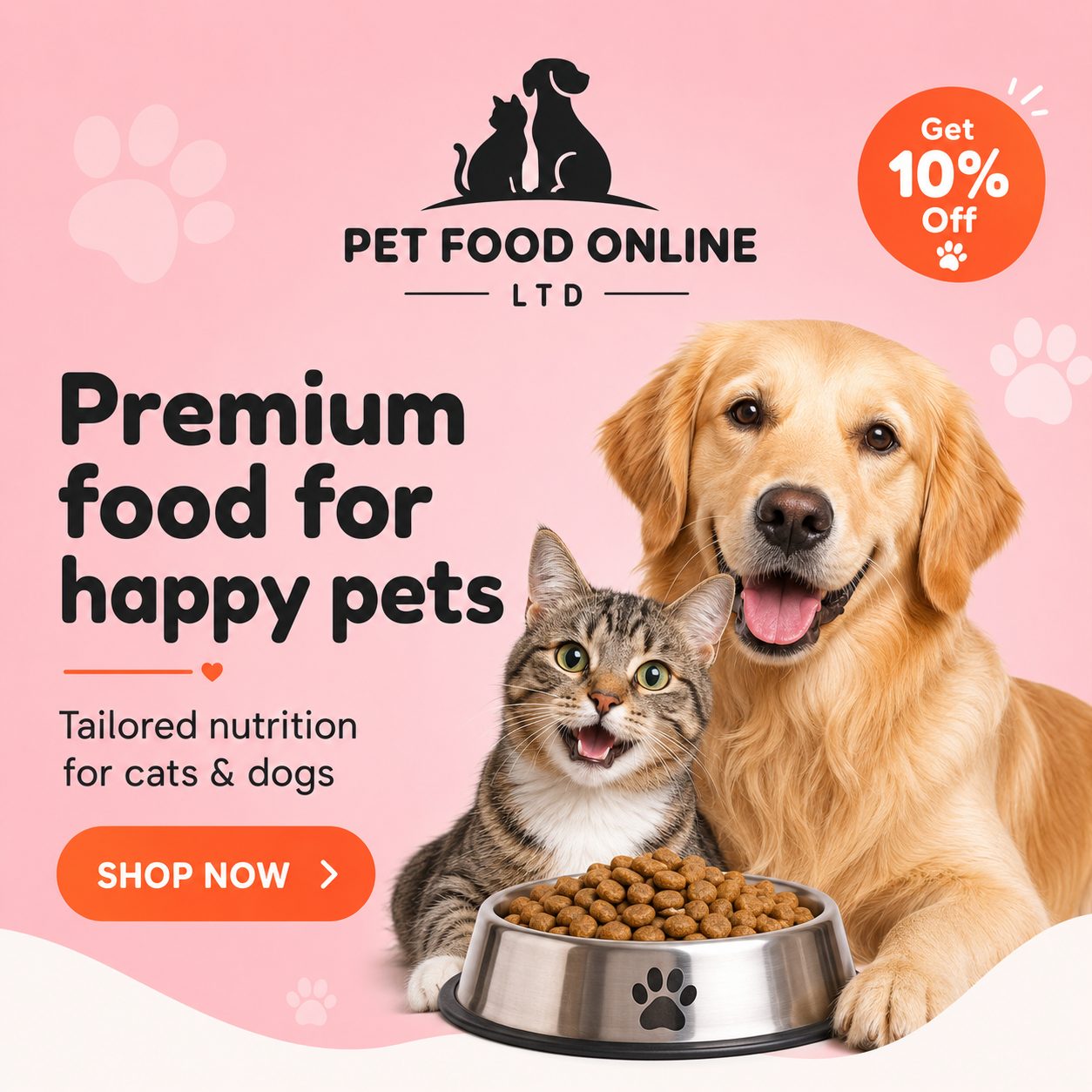 Brand campaign visual — cat, dog and bowl on blush pink with 'Premium food for happy pets' headline