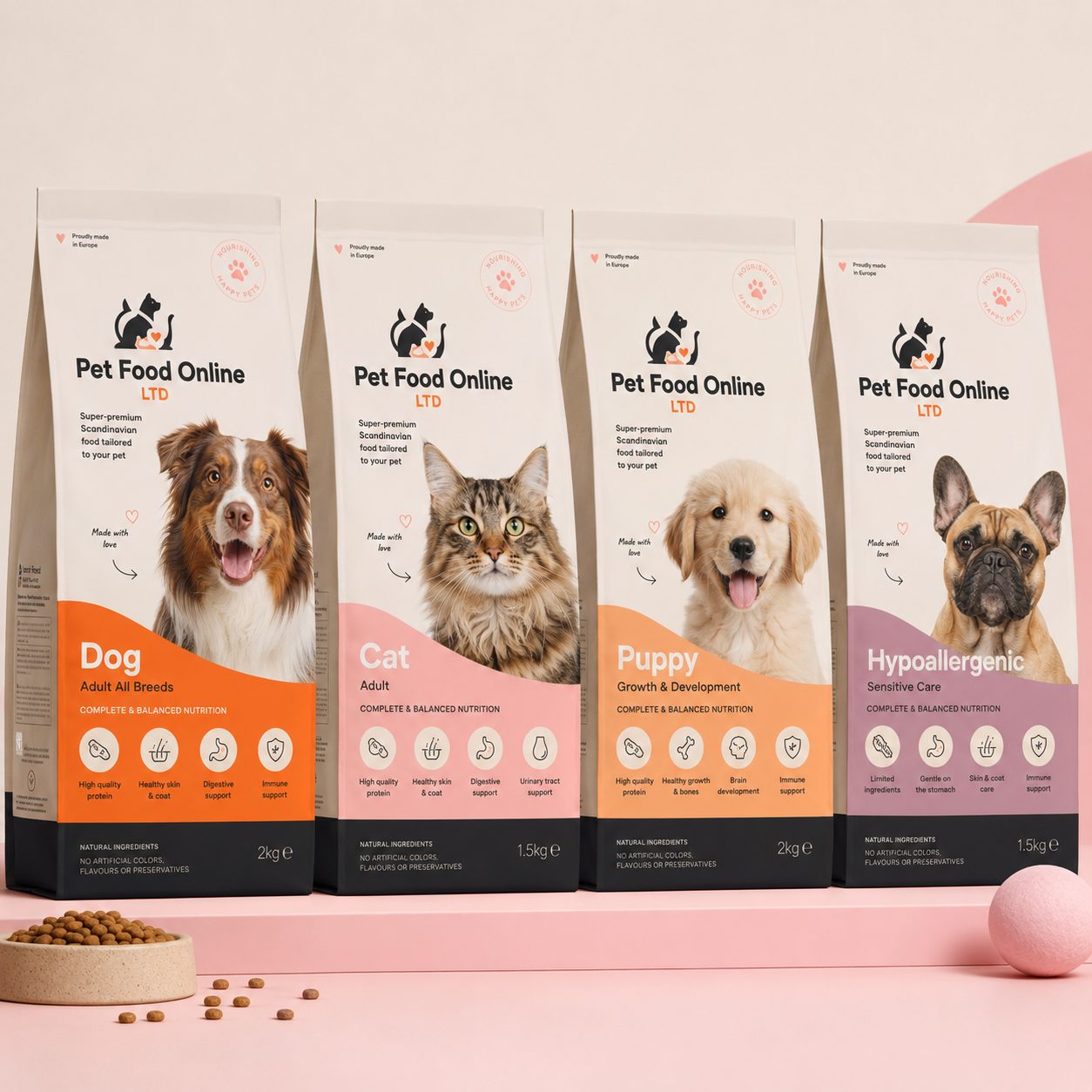 Pet Food Online LTD four-pack range — Dog, Cat, Puppy and Hypoallergenic dry food on a cream and pink set