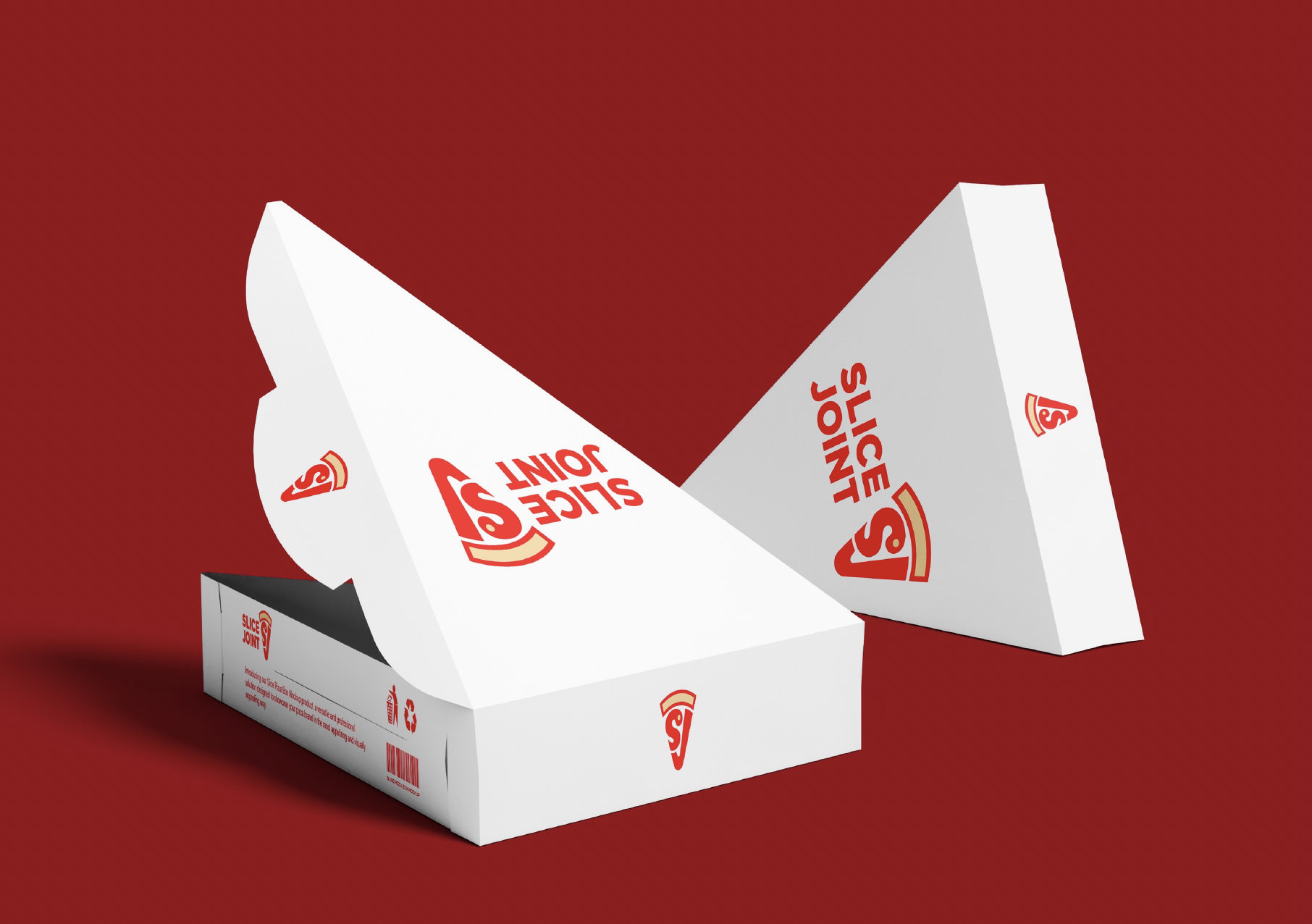 Slice Joint triangular slice boxes — white card with red print and the SJ slice mark, on a red field