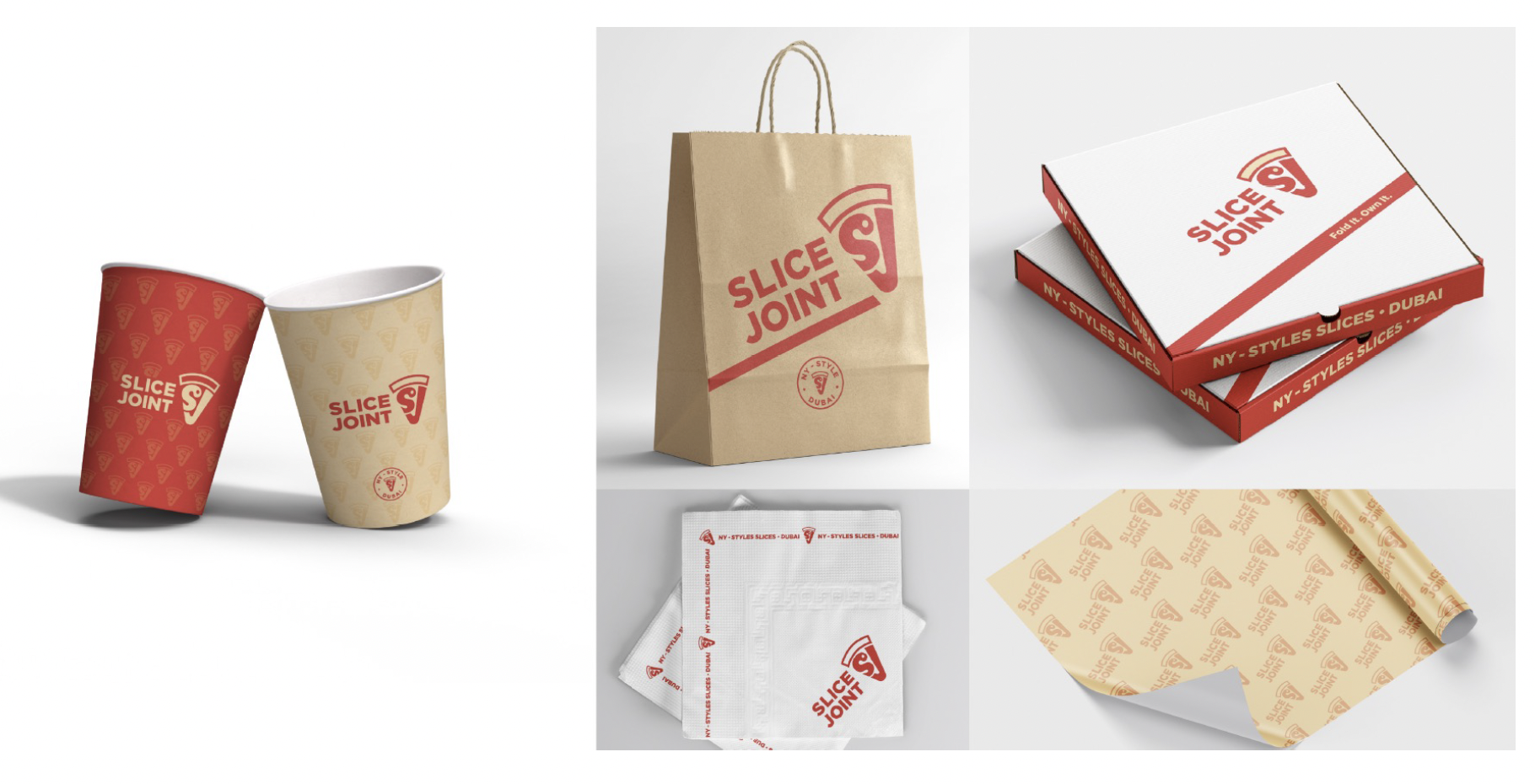 Slice Joint packaging system — red and cream patterned cups, a kraft carry bag with the NY-STYLE DUBAI stamp, flat pizza boxes with Fold It. Own It., printed napkins and cream tissue