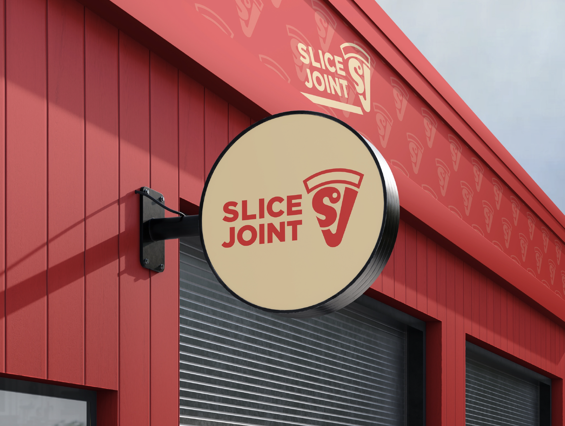 Slice Joint shopfront — a circular cream-faced projecting blade sign with the red logo, mounted on a red shopfront with a patterned slice-tile fascia