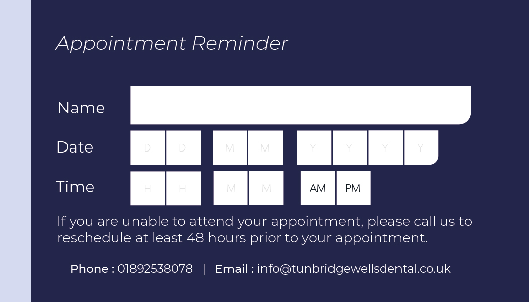 Appointment reminder card back — deep navy field with Appointment Reminder script title and Name / Date (D D M M Y Y Y Y) / Time (H H M M AM PM) fields and reschedule 48 hours prior copy