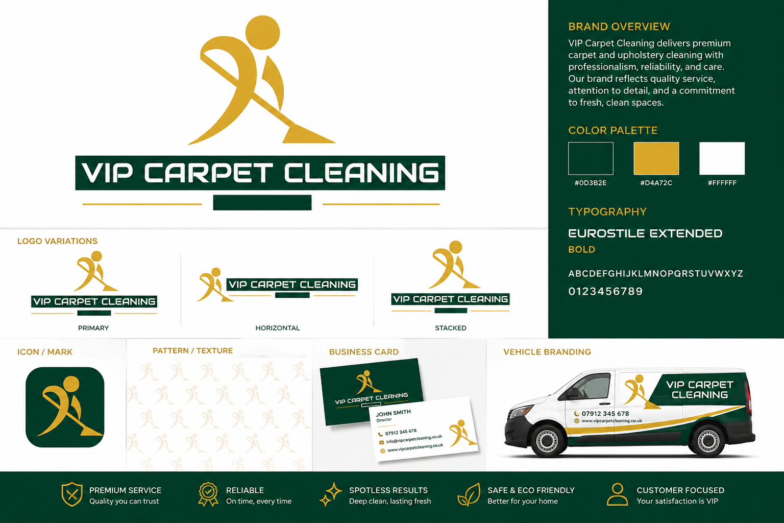 VIP Carpet Cleaning brand kit page 2 — large primary logo with VIP CARPET CLEANING wordmark, three logo variations (Primary / Horizontal / Stacked), a green-square gold-figure icon mark, a gold figure pattern/texture tile, a business card mock-up, a vehicle branding mock-up, and service pillar icons (Premium Service / Reliable / Spotless Results / Safe & Eco Friendly / Customer Focused)
