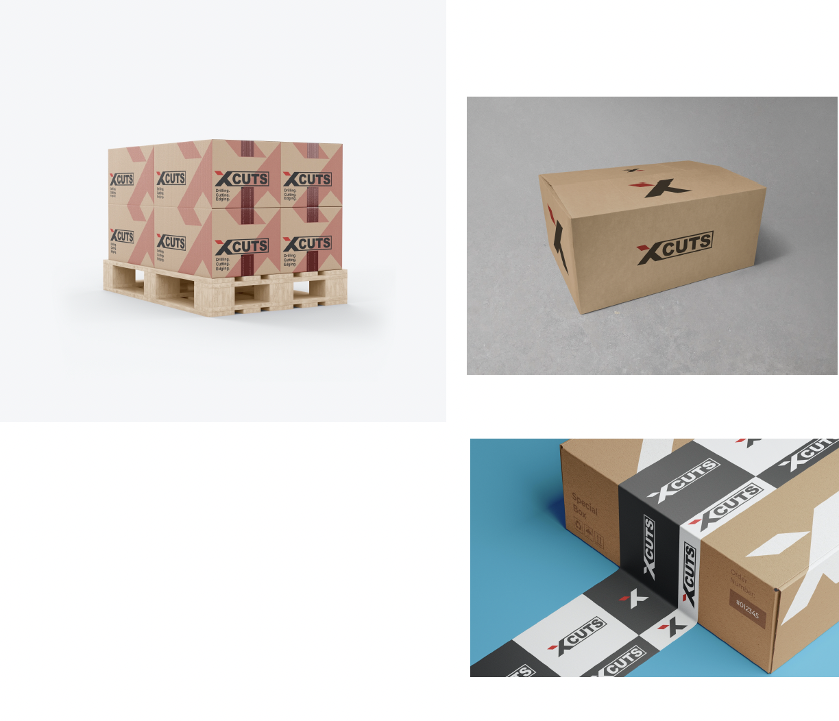 XCuts packaging — kraft shipping cartons stacked on a wooden pallet with the XCuts logo and X-pattern, a kraft mailer box with a red X, and a Special Box with branded black, white and kraft tape and an order-number panel