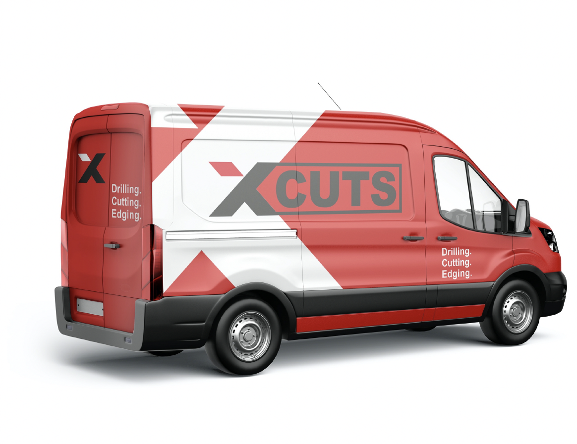 XCuts vehicle livery — red and white Ford Transit van with a bold X-tile pattern wrap, the charcoal XCUTS wordmark and Drilling. Cutting. Edging. tagline on the side and back