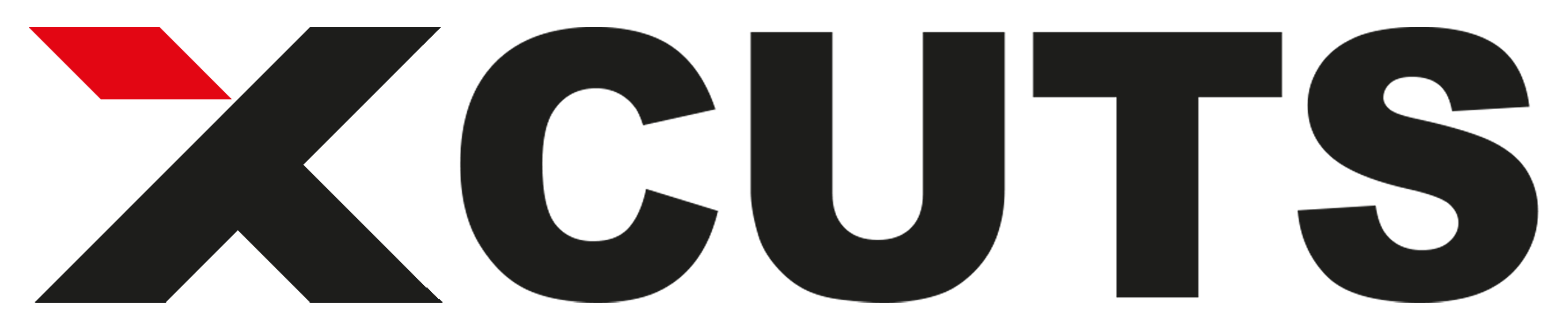 XCuts wordmark — charcoal letters with a red parallelogram flash crossing the X